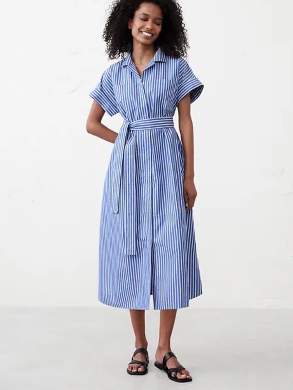 Banana Republic Factory Blue and White Striped Midi Shirt Dress